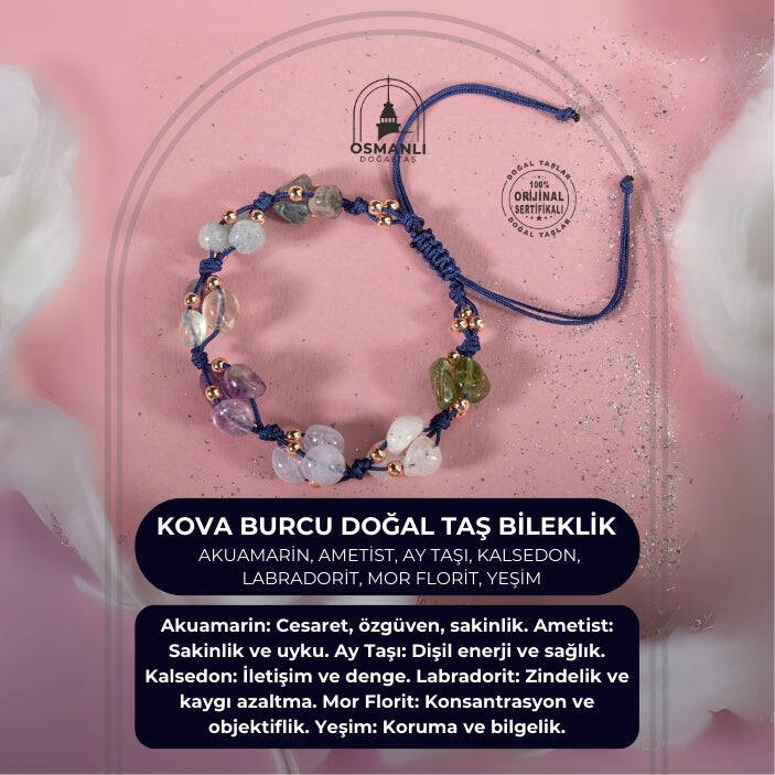 Kova Burcu Bileklik Akuamarin, Ametist, Ay Taşı, Kalsedon, Labradorit, Mor Florit, Yeşim - 2