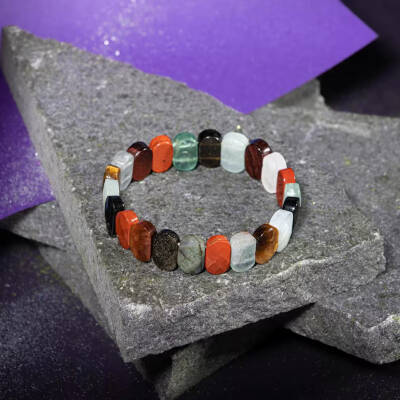 Kova Burcu Bileklik Akuamarin, Bordo Granat Lal, Jasper, Kaplan Gözü, Labradorit, Obsidyen, Selenit, Yeşil Florit - Osmanlı Doğaltaş