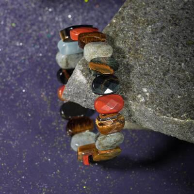 Kova Burcu Bileklik Akuamarin, Bordo Granat Lal, Jasper, Kaplan Gözü, Labradorit, Obsidyen, Selenit, Yeşil Florit - Osmanlı Doğaltaş