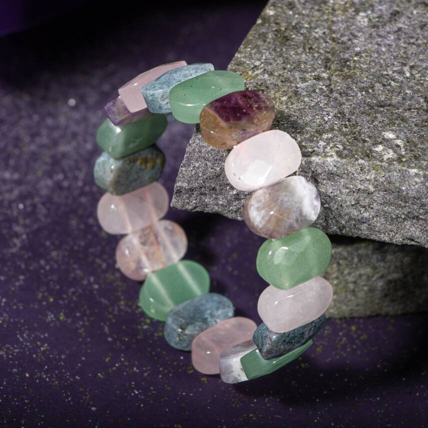 Kova Burcu Bileklik Akuamarin, Bordo Granat Lal, Jasper, Kaplan Gözü, Labradorit, Obsidyen, Selenit, Yeşil Florit - 3