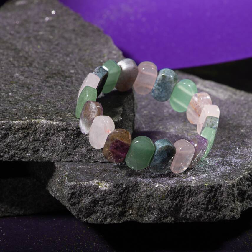 Kova Burcu Bileklik Akuamarin, Bordo Granat Lal, Jasper, Kaplan Gözü, Labradorit, Obsidyen, Selenit, Yeşil Florit - 4