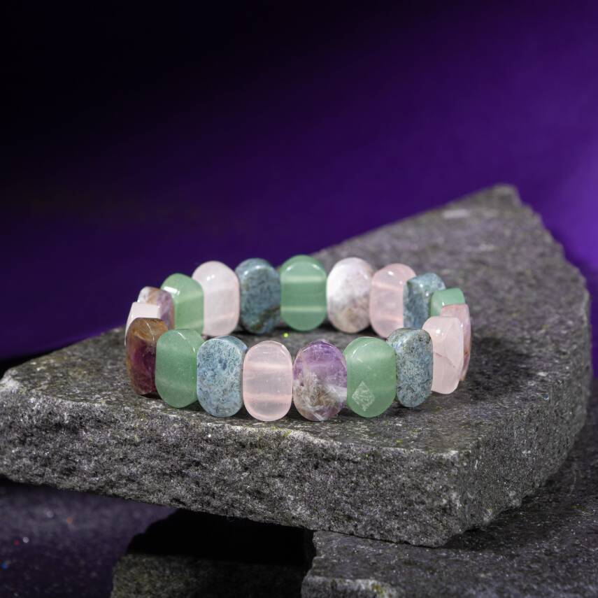 Kova Burcu Bileklik Akuamarin, Bordo Granat Lal, Jasper, Kaplan Gözü, Labradorit, Obsidyen, Selenit, Yeşil Florit - 5