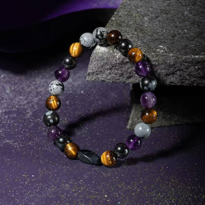 Kova Burcu Bileklik Ametist, Golden Obsidyen, İspanyol Varisit, Kaplan Gözü - Osmanlı Doğaltaş