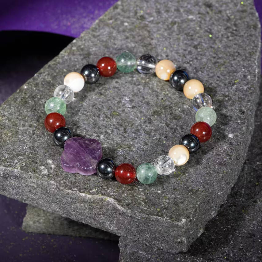 Kova Burcu Bileklik Ametist, Hematit, Kırmızı Akik, Kristal Kuvars, Sedef, Yeşil Florit - 1
