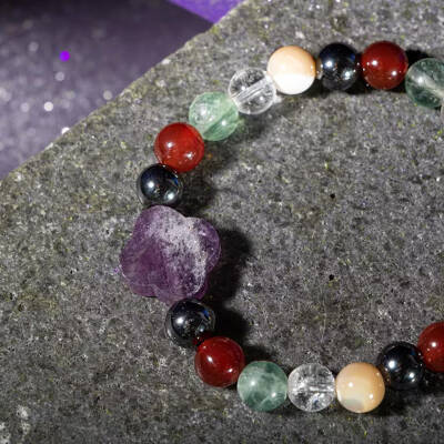 Kova Burcu Bileklik Ametist, Hematit, Kırmızı Akik, Kristal Kuvars, Sedef, Yeşil Florit - 3