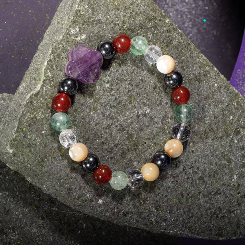 Kova Burcu Bileklik Ametist, Hematit, Kırmızı Akik, Kristal Kuvars, Sedef, Yeşil Florit - 4