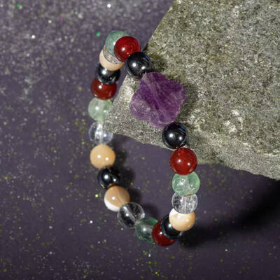 Kova Burcu Bileklik Ametist, Hematit, Kırmızı Akik, Kristal Kuvars, Sedef, Yeşil Florit - 5