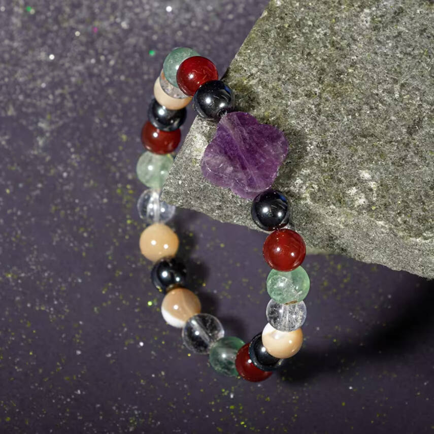 Kova Burcu Bileklik Ametist, Hematit, Kırmızı Akik, Kristal Kuvars, Sedef, Yeşil Florit - 5