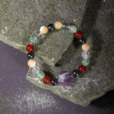 Kova Burcu Bileklik Ametist, Hematit, Kırmızı Akik, Kristal Kuvars, Sedef, Yeşil Florit - 6