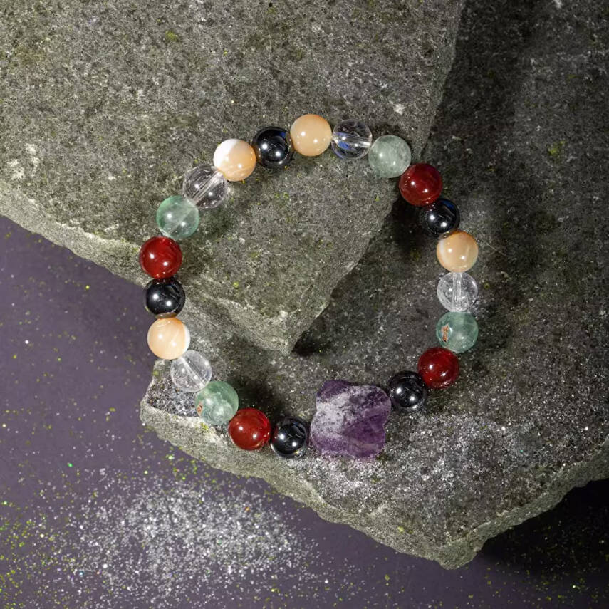 Kova Burcu Bileklik Ametist, Hematit, Kırmızı Akik, Kristal Kuvars, Sedef, Yeşil Florit - 6