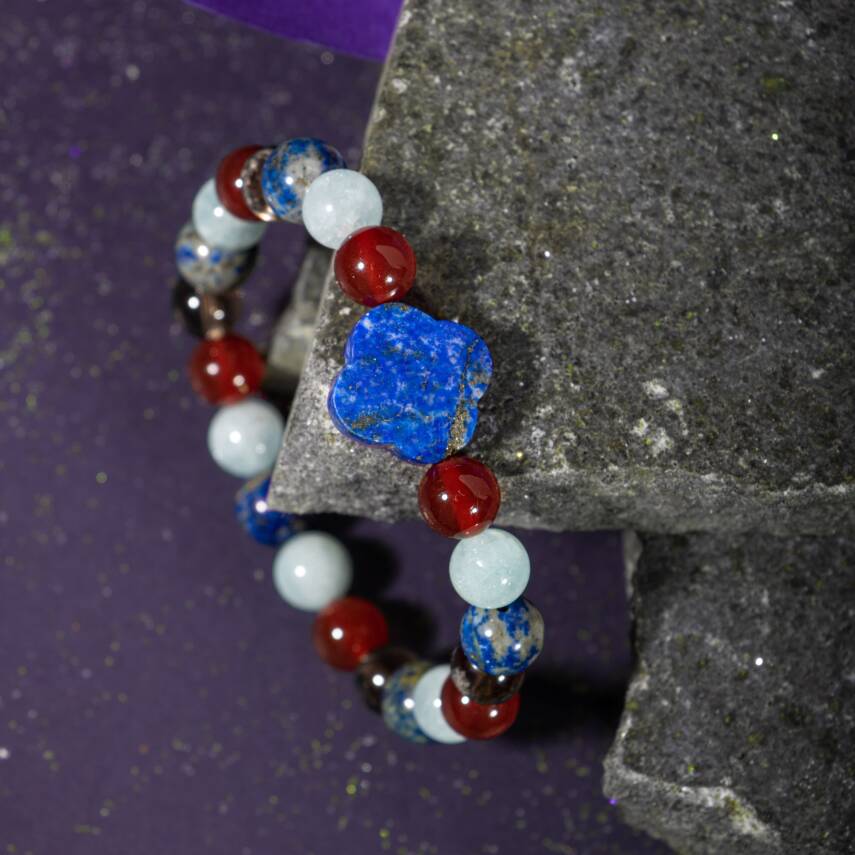 Kova Burcu Bileklik Ametist, Hematit, Kırmızı Akik, Kristal Kuvars, Sedef, Yeşil Florit - 3