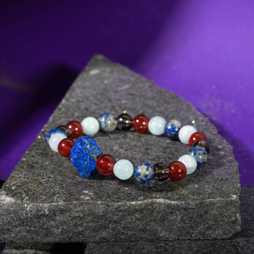 Kova Burcu Bileklik Ametist, Hematit, Kırmızı Akik, Kristal Kuvars, Sedef, Yeşil Florit - 4