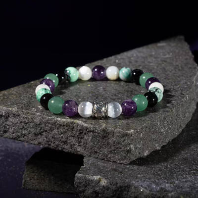 Kova Burcu Bileklik Ametist, İspanyol Varisit, Sedef, Selenit, Siyah Göz Akik, Yeşil Aventurin - Osmanlı Doğaltaş