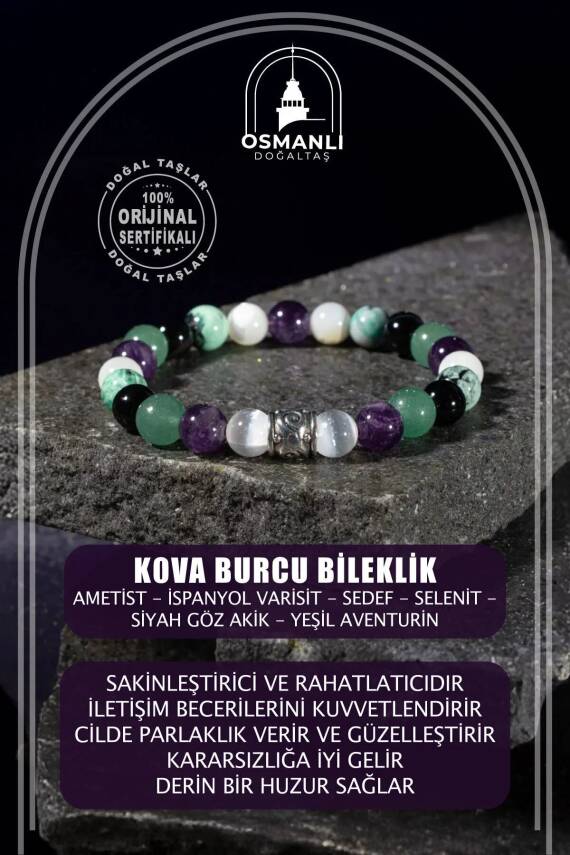 Kova Burcu Bileklik Ametist, İspanyol Varisit, Sedef, Selenit, Siyah Göz Akik, Yeşil Aventurin - 2