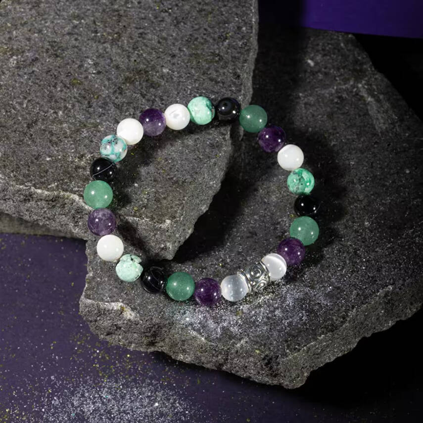 Kova Burcu Bileklik Ametist, İspanyol Varisit, Sedef, Selenit, Siyah Göz Akik, Yeşil Aventurin - 4