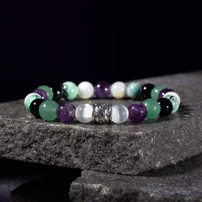 Kova Burcu Bileklik Ametist, İspanyol Varisit, Sedef, Selenit, Siyah Göz Akik, Yeşil Aventurin - 6