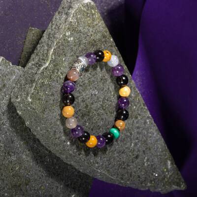 Kova Burcu Bileklik Ametist, İspanyol Varisit, Sedef, Selenit, Siyah Göz Akik, Yeşil Aventurin - Osmanlı Doğaltaş