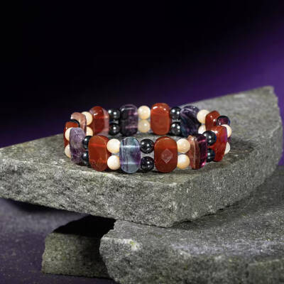 Kova Burcu Bileklik Hematit, Kırmızı Akik, Sedef, Mor Florit - Osmanlı Doğaltaş