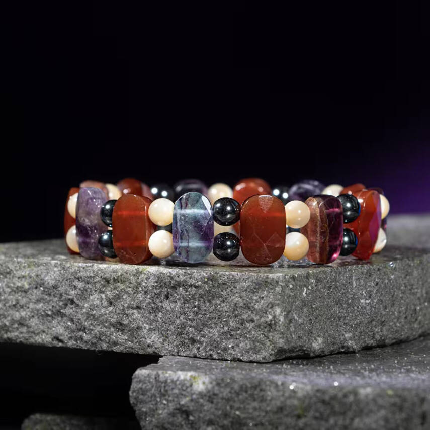 Kova Burcu Bileklik Hematit, Kırmızı Akik, Sedef, Mor Florit - 4