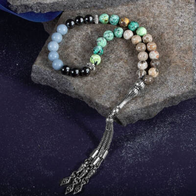 Kova Burcu Tesbih Anjelit, Fosil Mercan, Hematit, Krizokol - Osmanlı Doğaltaş