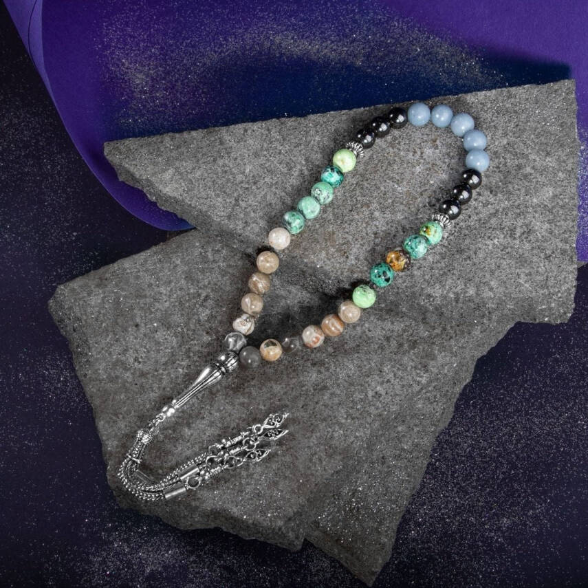 Kova Burcu Tesbih Anjelit, Fosil Mercan, Hematit, Krizokol - 3