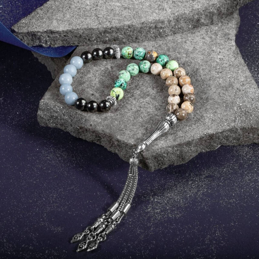 Kova Burcu Tesbih Anjelit, Fosil Mercan, Hematit, Krizokol - 4