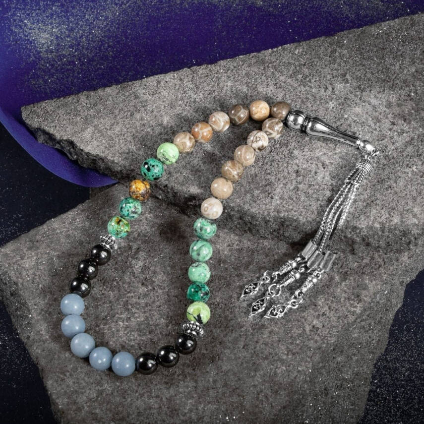 Kova Burcu Tesbih Anjelit, Fosil Mercan, Hematit, Krizokol - 5