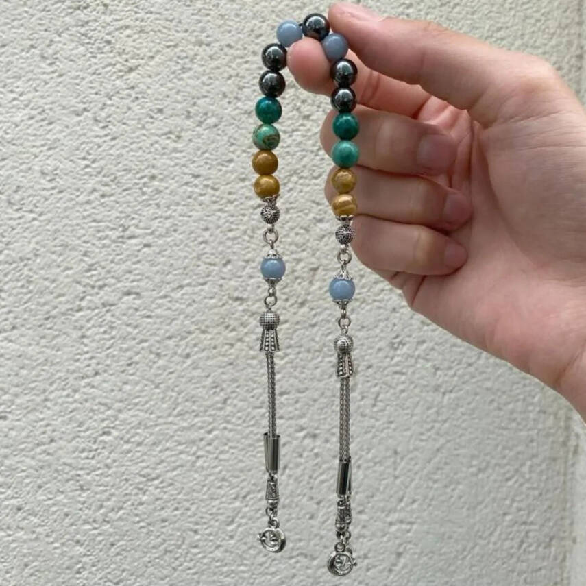 Kova Burcu Zaza Tesbih Doğal Taş Anjelit, Fosil Mercan, Hematit, Krizokol - 1