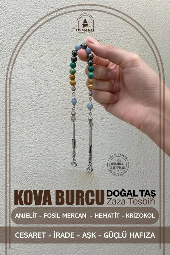 Kova Burcu Zaza Tesbih Doğal Taş Anjelit, Fosil Mercan, Hematit, Krizokol - 2