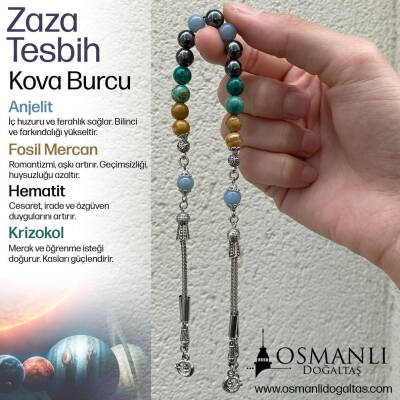 Kova Burcu Zaza Tesbih Doğal Taş Anjelit, Fosil Mercan, Hematit, Krizokol - 3