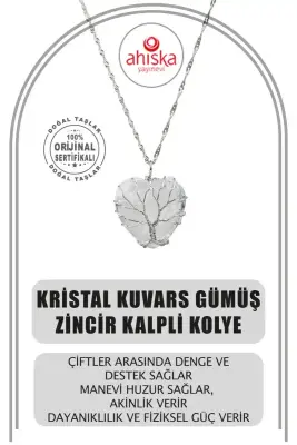 Kristal Kuvars Doğal Taş Gümüş Zincir Kalpli Kolye - 1