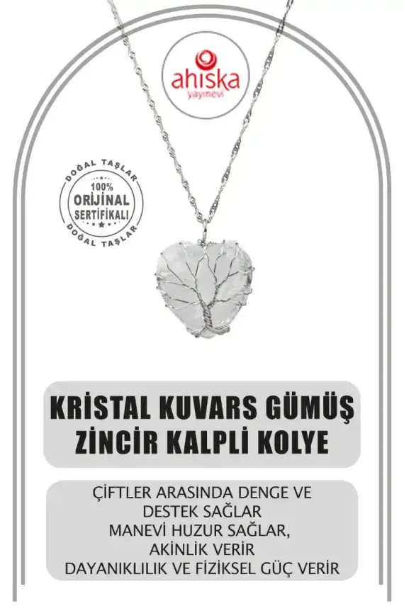 Kristal Kuvars Doğal Taş Gümüş Zincir Kalpli Kolye - 1