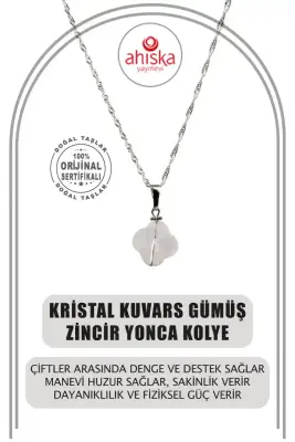 Kristal Kuvars Doğal Taş Gümüş Zincir Yonca Kolye - 1