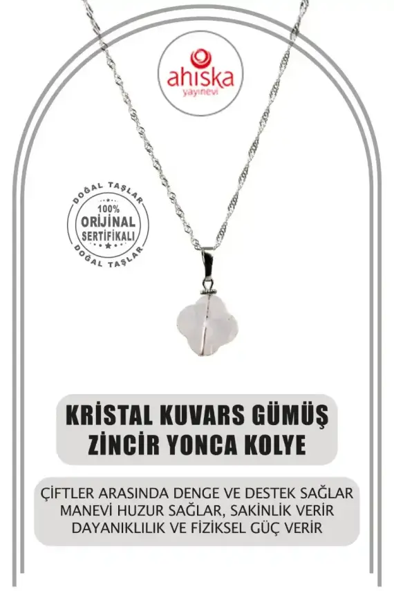 Kristal Kuvars Doğal Taş Gümüş Zincir Yonca Kolye - 1