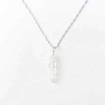 Kristal Kuvars Doğal Taş Kolye Ucu 3x1 cm, Gümüş Zincir - Doğal Taş