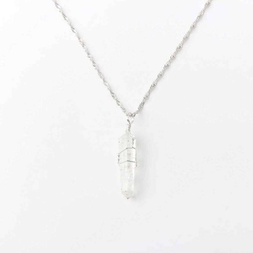 Kristal Kuvars Doğal Taş Kolye Ucu 3x1 cm, Gümüş Zincir - 1