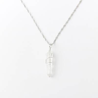Kristal Kuvars Doğal Taş Kolye Ucu 3x1 cm, Gümüş Zincir - 3