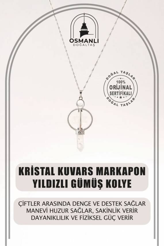 Kristal Kuvars Doğal Taş Markapon Yıldızlı Kolye, Gümüş Zincir - 1