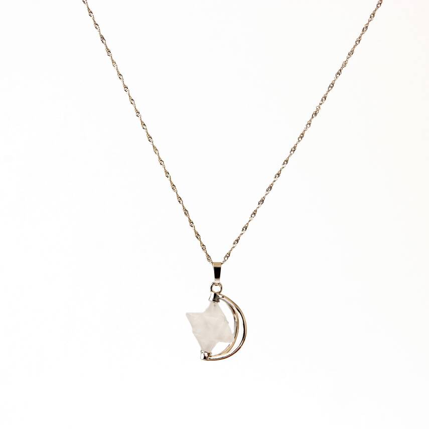 Kristal Kuvars Doğal Taş Yıldızlı Kolye, Gümüş Zincir - 2