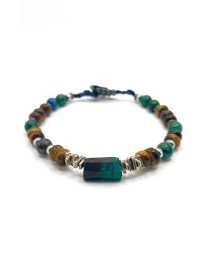 Krizokol-Kaplan Gözü-Azurit Malakit-Hematit Doğal Taş Gümüş Erkek Bileklik - 2