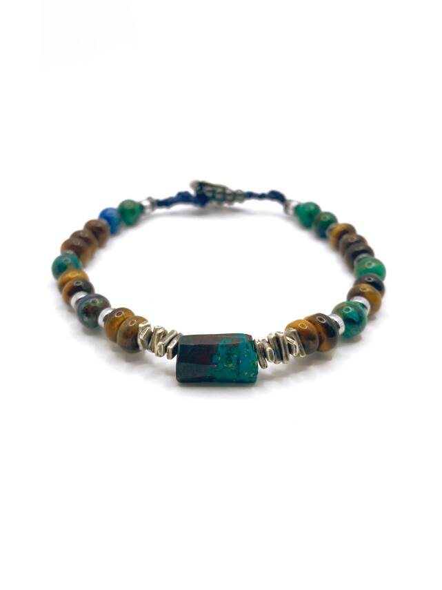Krizokol-Kaplan Gözü-Azurit Malakit-Hematit Doğal Taş Gümüş Erkek Bileklik - 2