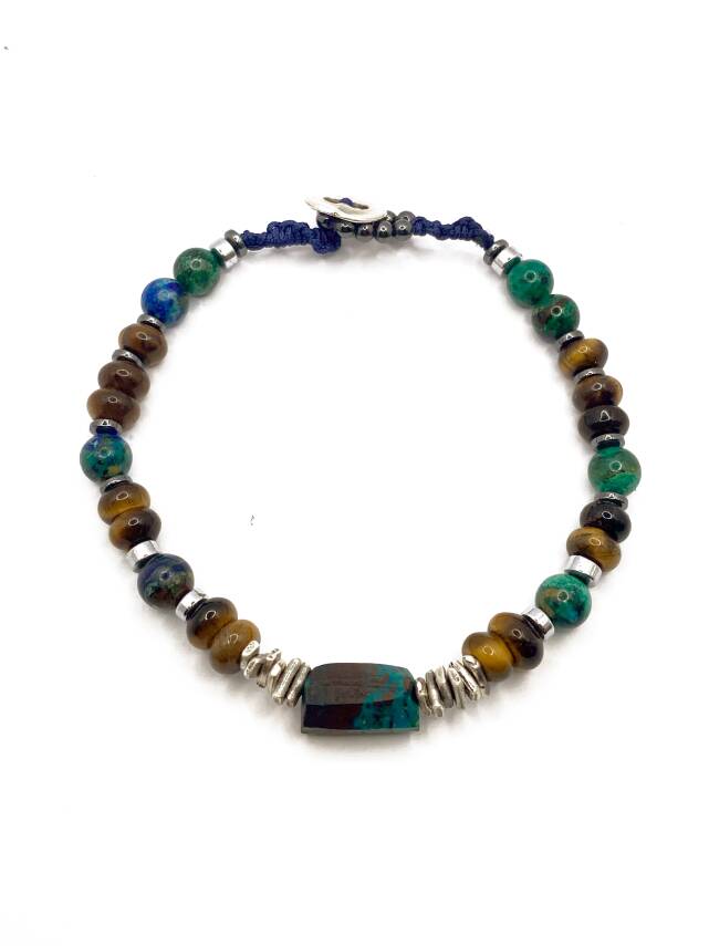 Krizokol-Kaplan Gözü-Azurit Malakit-Hematit Doğal Taş Gümüş Erkek Bileklik - 3