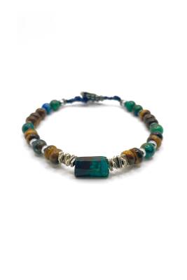 Krizokol-Kaplan Gözü-Azurit Malakit-Hematit Doğal Taş Gümüş Erkek Bileklik - 7