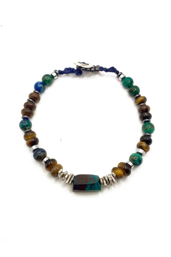 Krizokol-Kaplan Gözü-Azurit Malakit-Hematit Doğal Taş Gümüş Erkek Bileklik - 8