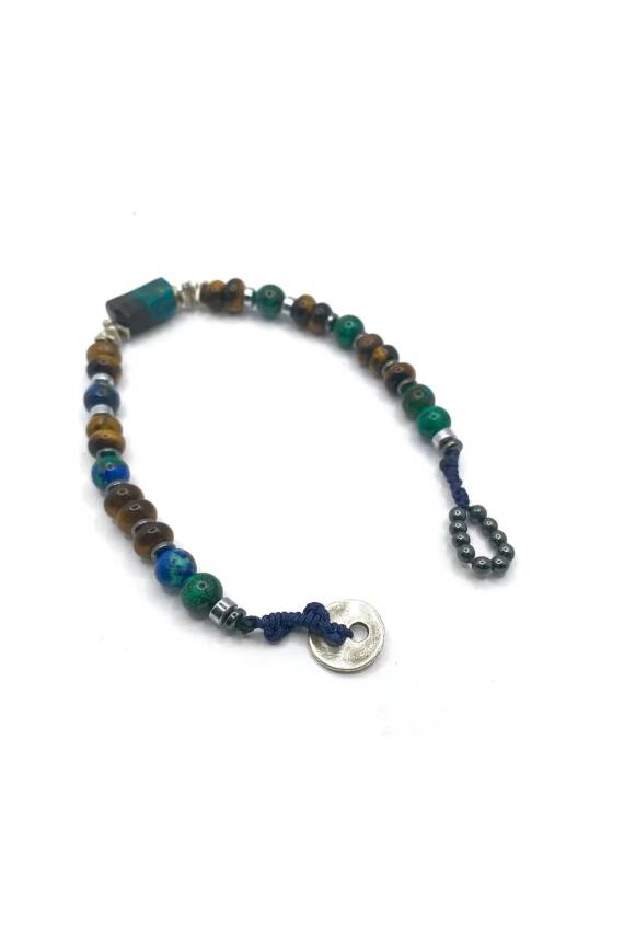 Krizokol-Kaplan Gözü-Azurit Malakit-Hematit Doğal Taş Gümüş Erkek Bileklik - 10