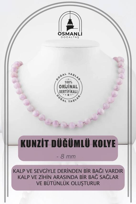 Kunzit 8 mm Düğümlü Doğal Taş Kolye - 1