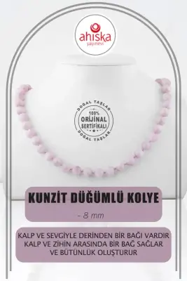 Kunzit 8 mm Düğümlü Doğal Taş Kolye - 1