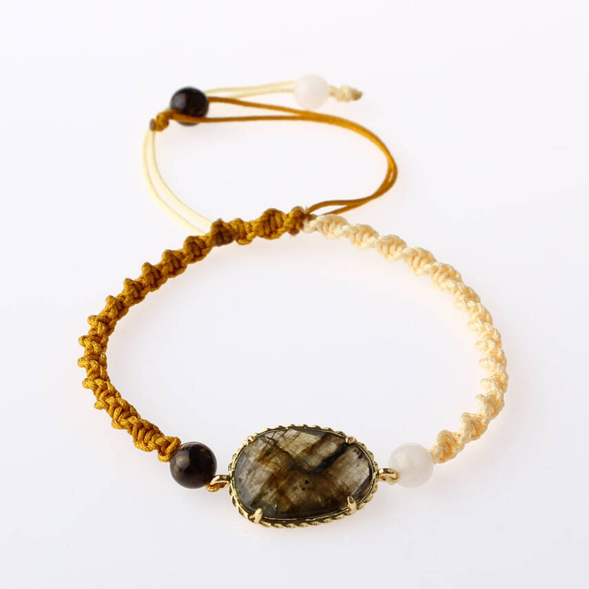 Labradorit-Ay Taşı Doğal Taş Makrome Örgü Bileklik - 4