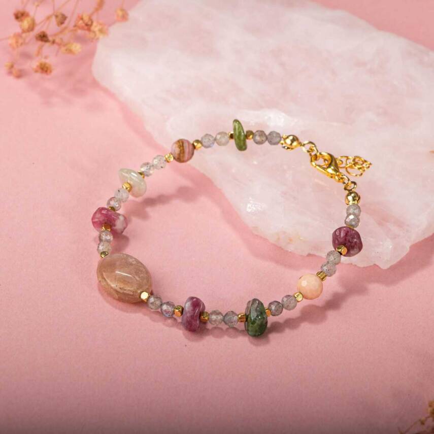 Labradorit-Renkli Turmalin-Güneş Taşı-Pembe Opal Doğal Taş Bileklik - 1