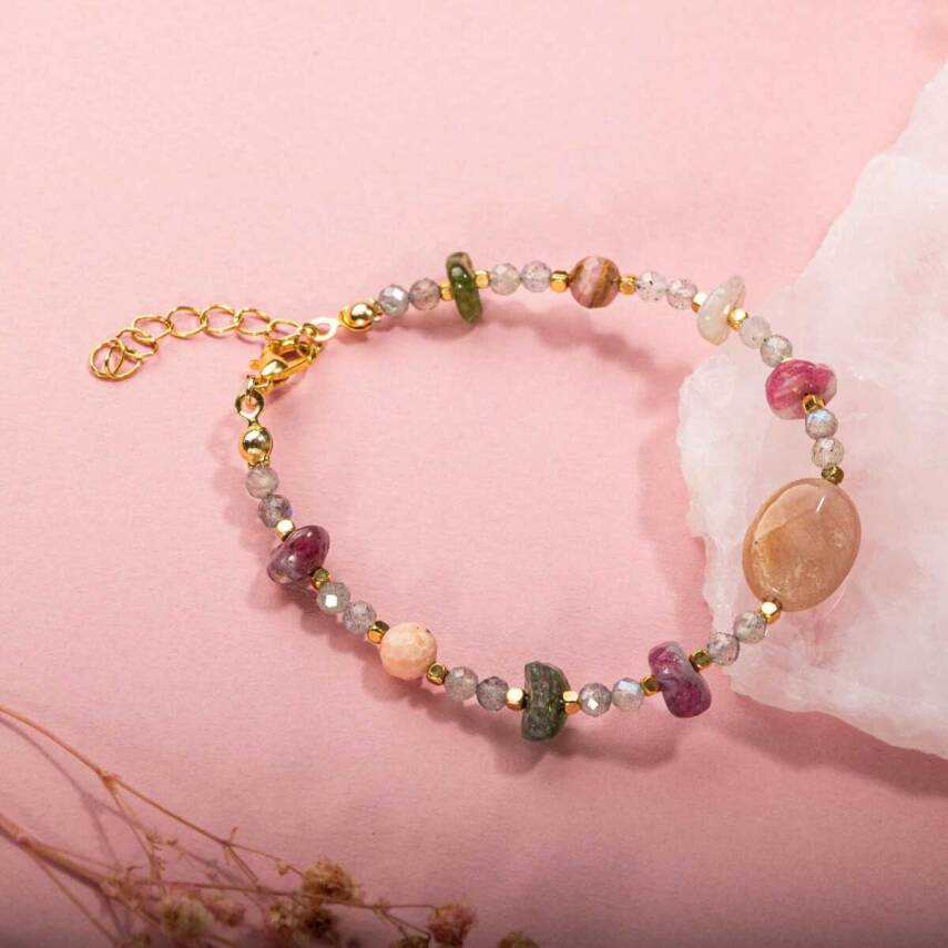 Labradorit-Renkli Turmalin-Güneş Taşı-Pembe Opal Doğal Taş Bileklik - 3